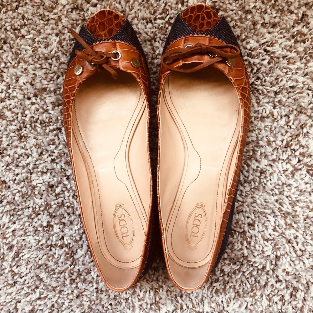 Tod's Brown and Black Croc-Trim Leather Ballet Flats